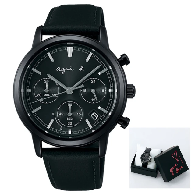 agnes b.【agnes b.】Solar三眼錶太陽能計時黑皮帶錶(BZ5010X1)