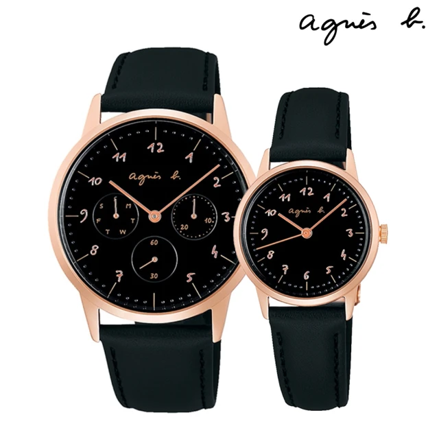 【agnes b.】marcello系列牛皮黑色錶款-對錶組合38mm27mm(一對入 BP6028J1/ BH8065J1)