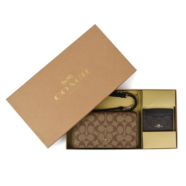COACH【COACH】大C紋PVC皮革鏈帶斜背包+證件夾禮盒組(卡其黑)