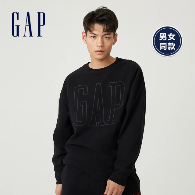 GAP【GAP】男裝 虎年限定 碳素軟磨系列 Logo刷毛休閒上衣(762837-黑色)