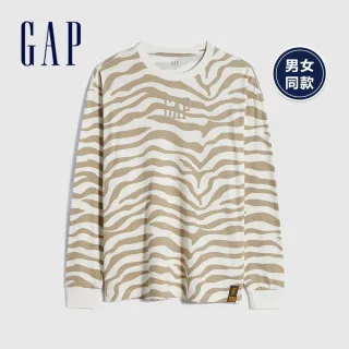 【GAP】男女同款 虎年限定 純棉虎紋Logo/印花長袖T恤(762714-白色)