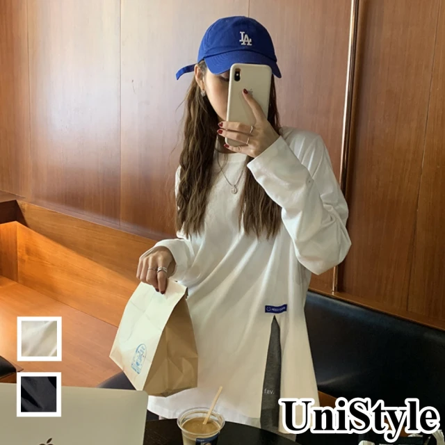 UniStyle【UniStyle】聖誕 2022新款韓版簡約貼標開叉設計感長袖上衣 女 CYT85396(黑 米白)