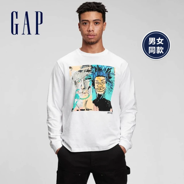 【GAP】男女同款 Gap x Basquiat聯名系列 情侶款印花長袖T恤(736313-白色)