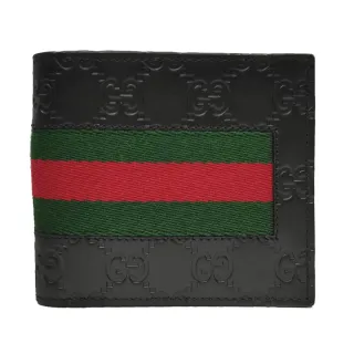 【GUCCI 古馳】408827  經典Guccissima壓紋系列綠紅綠織帶牛皮折疊短夾(黑色)