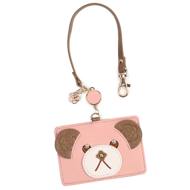 【CLATHAS】山茶花可愛小熊伸縮繩皮革票卡夾證件夾掛繩吊牌(粉紅色)
