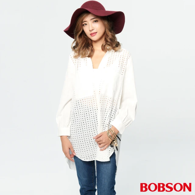 BOBSON 女款洞洞蕾絲長版襯衫(37087-80)