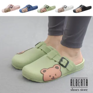 【Alberta】2.5cm拖鞋 可愛小熊側面單飾釦 防水防雨平底圓頭半包鞋 懶人鞋 穆勒鞋