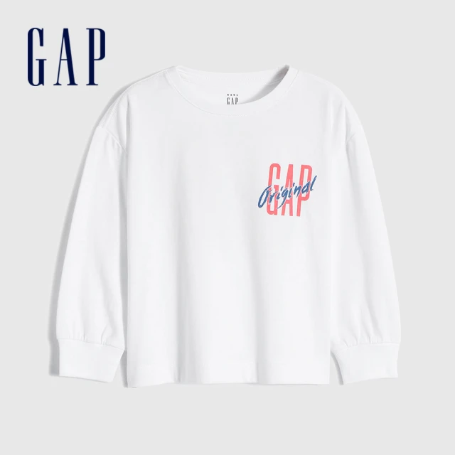 【GAP】男幼童 厚磅密織系列 Logo純棉親膚長袖T恤(847748-白色)