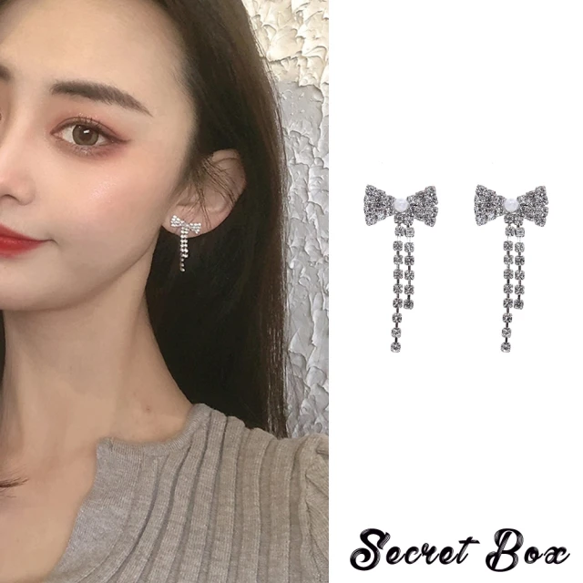 【SECRET BOX】韓國設計S925銀針華麗水鑽珍珠蝴蝶結造型耳環(S925銀針耳環 水鑽耳環 蝴蝶結耳環)