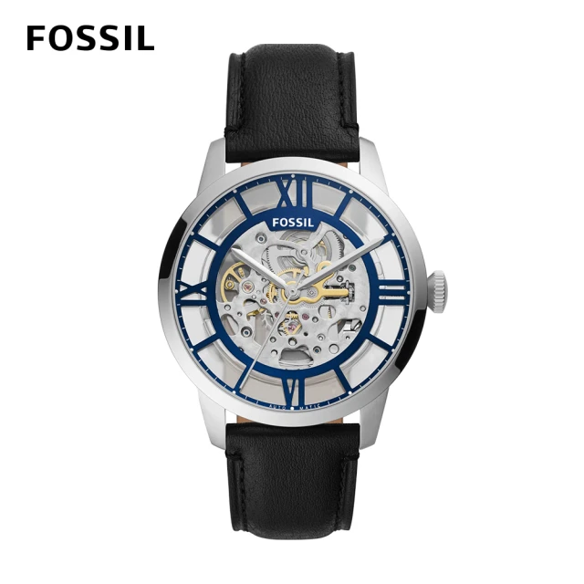 【FOSSIL】Townsman 鏤空羅馬數字機械錶 黑色真皮錶帶 44MM ME3200