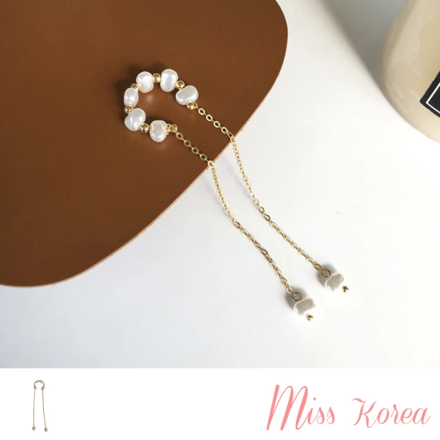 MISS KOREA【MISS KOREA】韓國設計唯美不規則珍珠無耳洞長流蘇耳骨夾(不規則耳環 珍珠耳環 流蘇耳環)