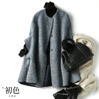 【初色】經典格紋斗篷式保暖毛呢外套-灰色-91663(M-2XL可選)