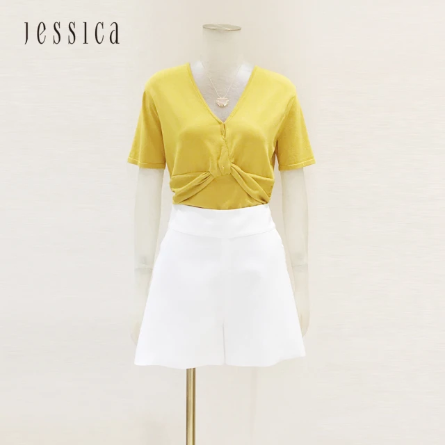 【JESSICA】時尚百搭柔軟親膚扭結V領短袖針織衫（黃）213154