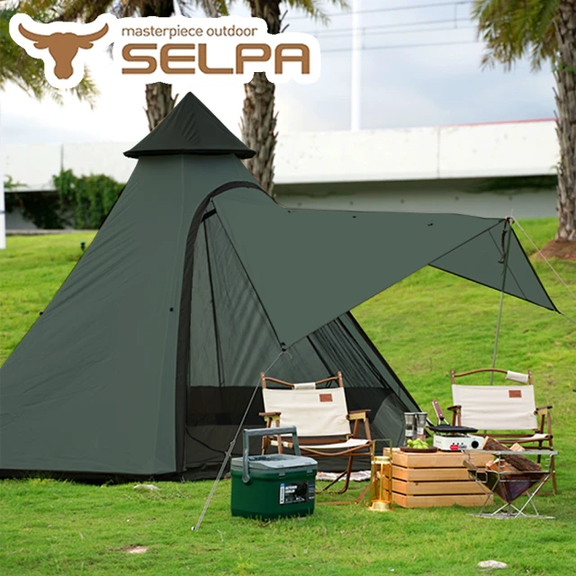 第10名 【SELPA】升級款一房一廳 印地安帳-露營-帳篷-家庭帳-五人-大型(軍綠色)