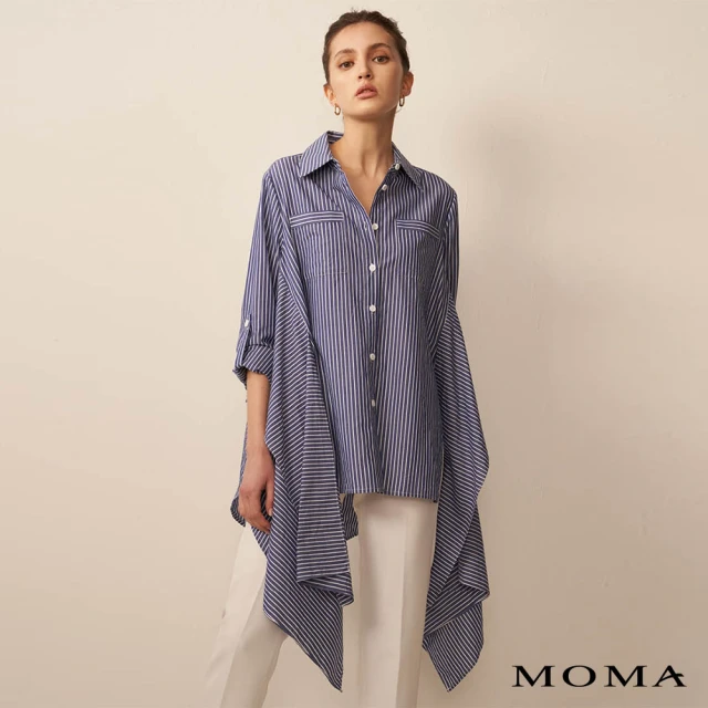 MOMA【MOMA】率性不對襯下襬條紋襯衫(藍色)