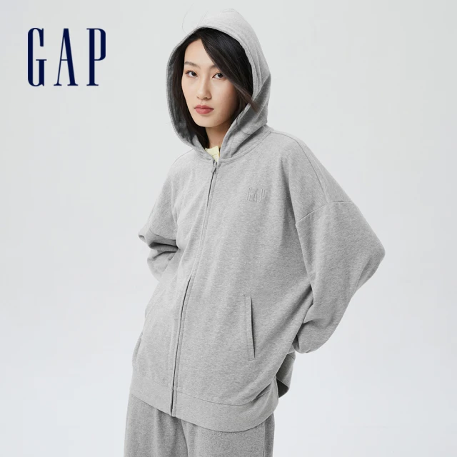 【GAP】女裝 碳素軟磨系列法式圈織 Logo寬鬆柔軟連帽休閒外套(855352-淺灰色)
