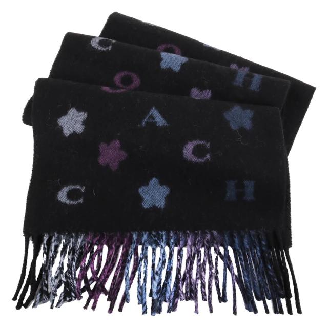 COACH【COACH】星星&字母LOGO 彩色條紋印花圍巾(黑)