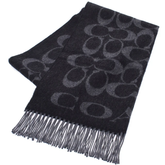 COACH【COACH】黑灰滿版LOGO喀什米爾羊毛義大利製大款披肩圍巾