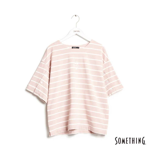 【SOMETHING】袖開襟條紋短袖T恤-女款(珊瑚紅)
