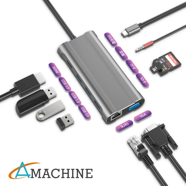 【Amachine】AMT-H01 十合一多功能轉接器 Type C3.1 HUB集線器(HDMI 4K/VGA/USB3.0/SD/TF/PD快充/GigaLAN)-momo購物網