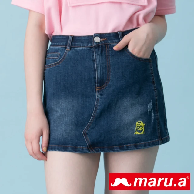 【maru.a】可愛Miru刺繡牛仔褲裙(深藍)