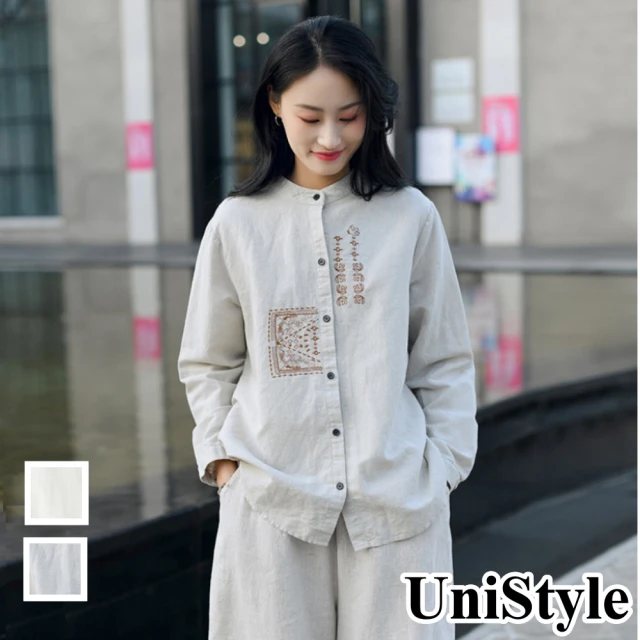 【UniStyle】2022新款原創款中國風刺繡立領復古長袖亞麻上衣襯衫 女 FA5655(麻本 象牙白)