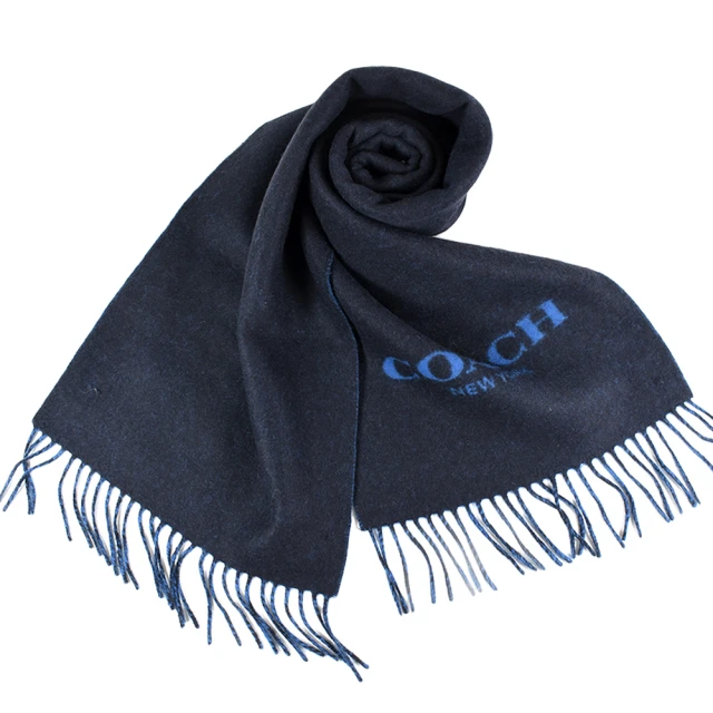 【COACH】雙面用羊毛流蘇圍巾-藍色