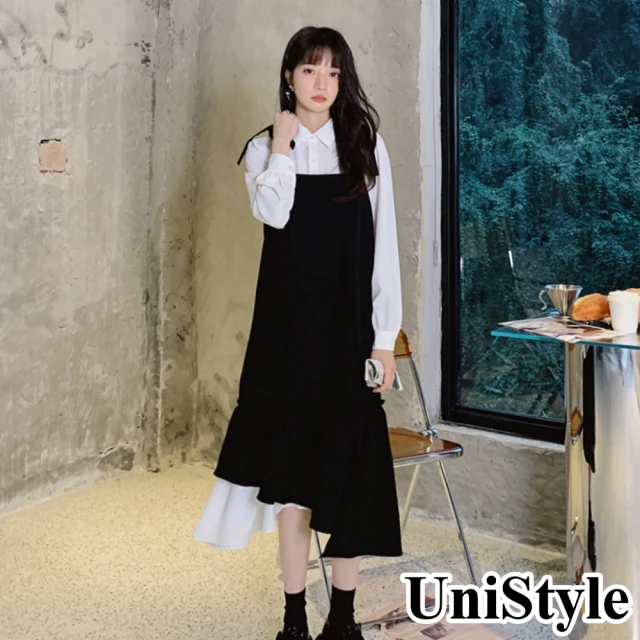 UniStyle【UniStyle】2022新款韓系法式優雅簡約假兩件式長袖襯衫不規則裙襬背帶連身洋裝 女 ZM126-22007(黑)