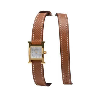 【Hermes 愛馬仕】H PM系列小牛皮H金框石英女仕雙圈腕錶(褐金色W038177)