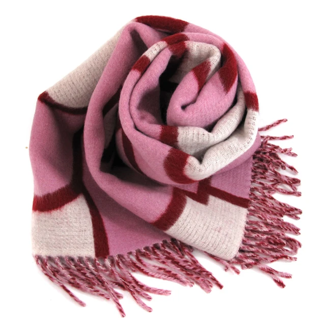 【COACH】紅粉雙色雙面羊毛流蘇圍巾(183cm x 49cm)