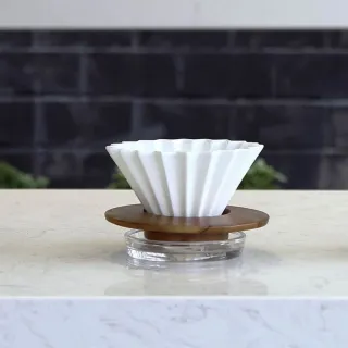 【ORIGAMI】純色陶瓷濾杯Ｓ＋木質杯座＋原廠濾紙Ｓ＋TAMAGO雙層玻璃杯