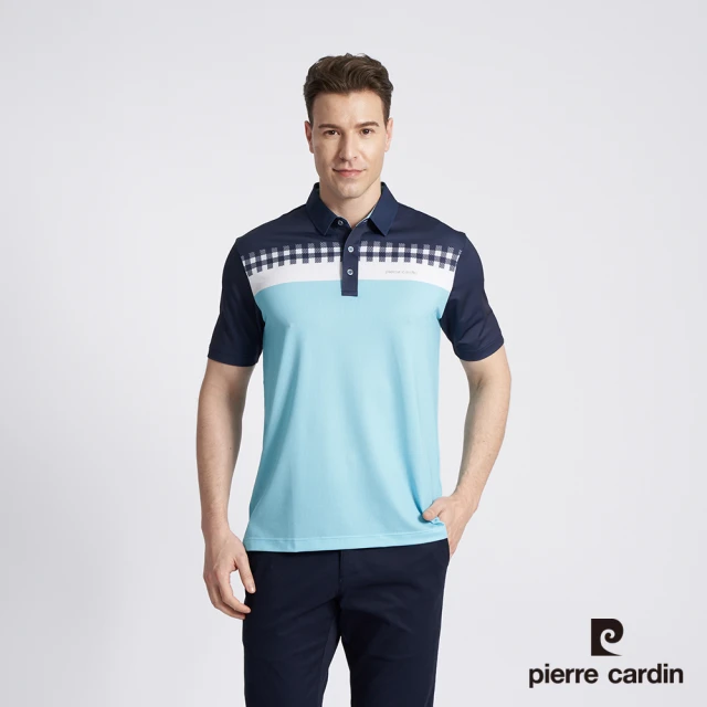 【pierre cardin 皮爾卡登】商務休閒 男款 冰涼紗彈性混紡網眼定位印花合身短袖POLO衫-天藍色(5197210-32)