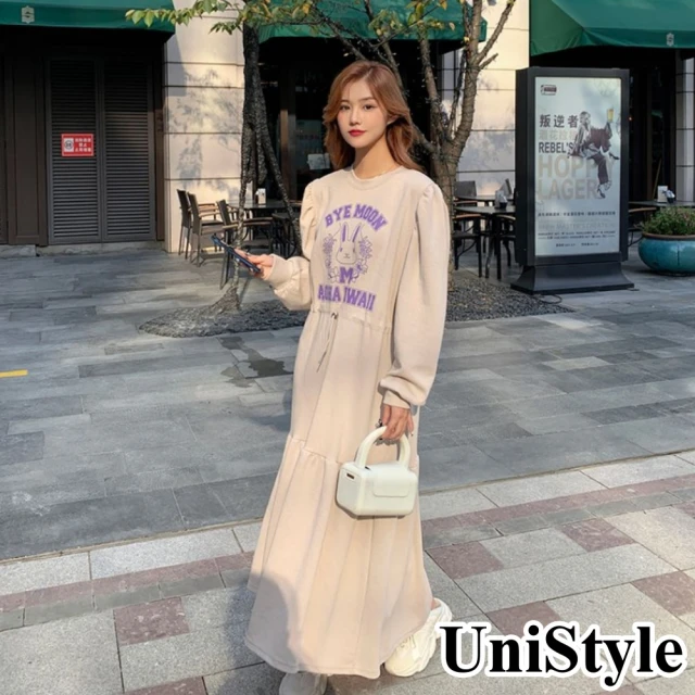 UniStyle【UniStyle】韓系甜美浪漫童趣印花高腰抽繩顯瘦長袖連身洋裝 女 ZM116-1394(米白)