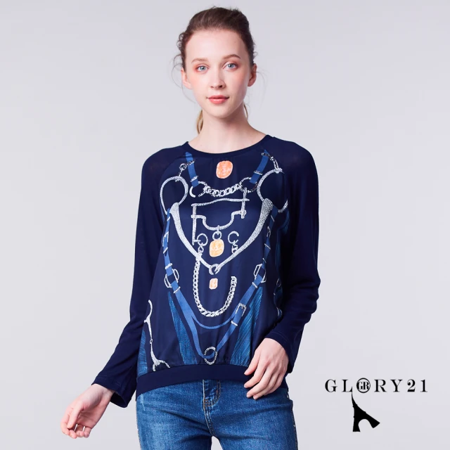 GLORY21【GLORY21】速達-網路獨賣款-鎖鍊印圖拼接上衣(藍色)