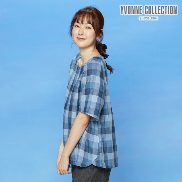 【Yvonne Collection】雙層棉大格五分袖上衣(藍)