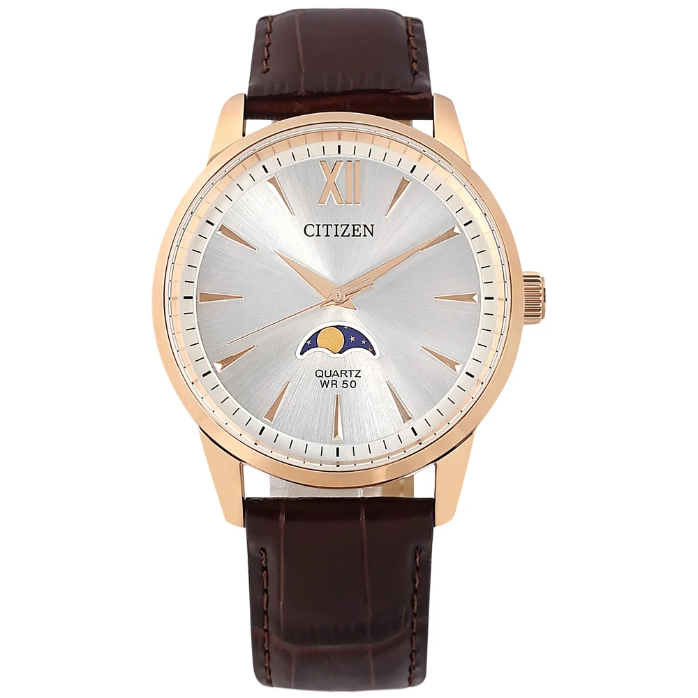 【CITIZEN 星辰】月相錶 優雅紳士 真皮壓紋手錶 銀x玫瑰金框x深褐 42mm(AK5003-05A)