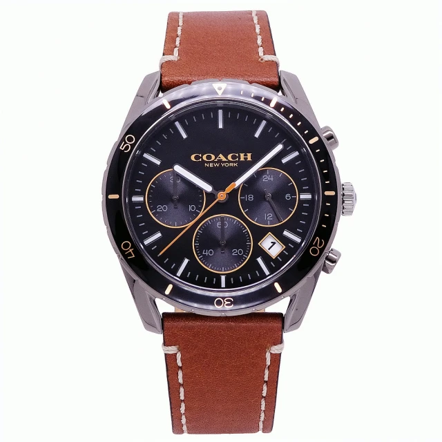 COACH【COACH】COACH 美國頂尖精品簡約時尚三眼計時皮革腕錶-黑+咖啡-14602410