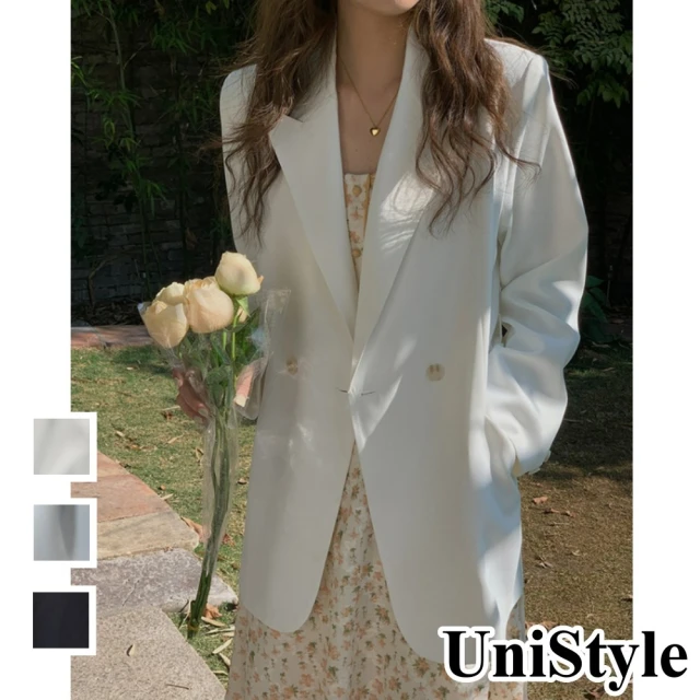 【UniStyle】韓版都會時尚休閒寬鬆垂感滑順長袖西裝外套 女 EAW964H(黑 米白 水綠)