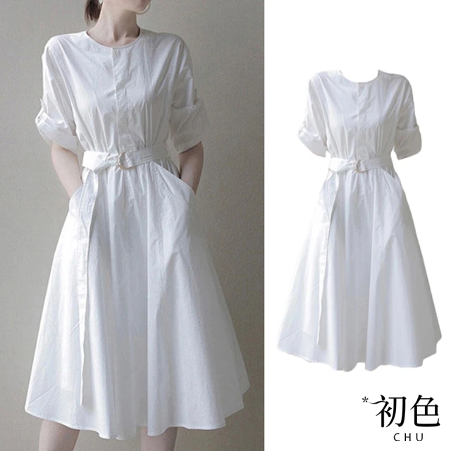 【初色】法式赫本風純色洋裝-白色-60820(M-XL可選)