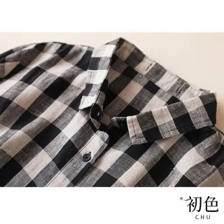 【初色】經典黑白格子長版襯衫-黑色-60673(M-2XL可選)