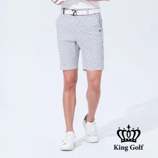 【KING GOLF】網路獨賣款-男款虛線格紋印圖修身彈性高爾夫球短褲(藍白)