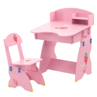 【EMC】簡易書架防夾手木質兒童升降成長書桌椅(粉紅草莓)