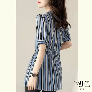 【初色】慵懶風抽繩收腰條紋長版雪紡襯衫-藍條-60985(M-2XL可選)