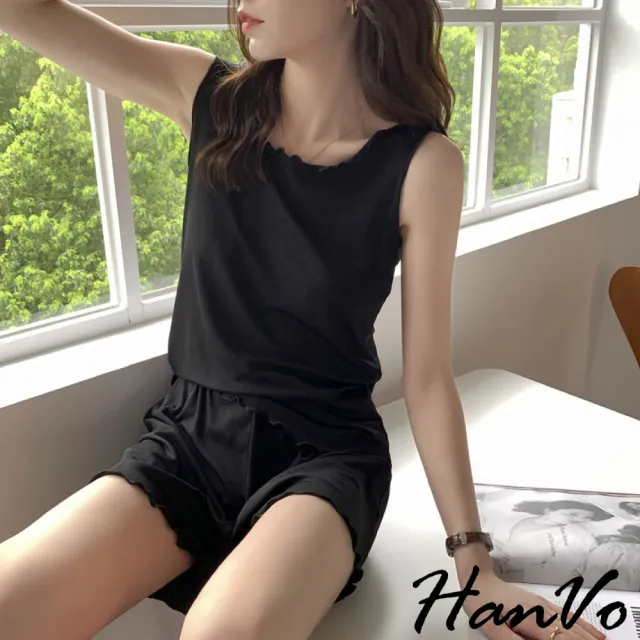 【HanVo】日系木耳捲邊螺紋睡衣套裝(舒適透氣輕薄吊帶背心短褲