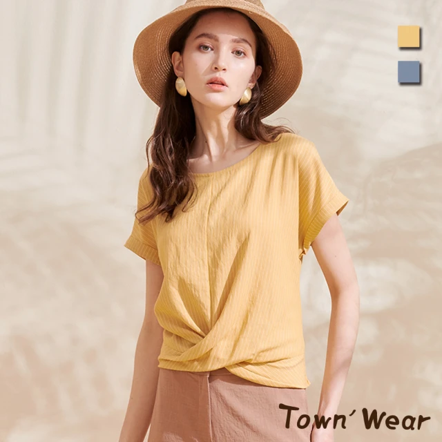 【TOWN’WEAR 棠葳】條紋扭結短版落肩上衣 2色(純棉/棉T/女上衣/短T)