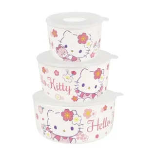 【小禮堂】Hello Kitty 陶瓷保鮮碗3入組 《櫻花款》(平輸品)