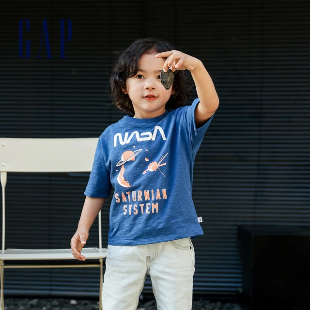 【GAP】男童 Gap x NASA聯名系列 印花圓領短袖T恤(825600-寶藍色)