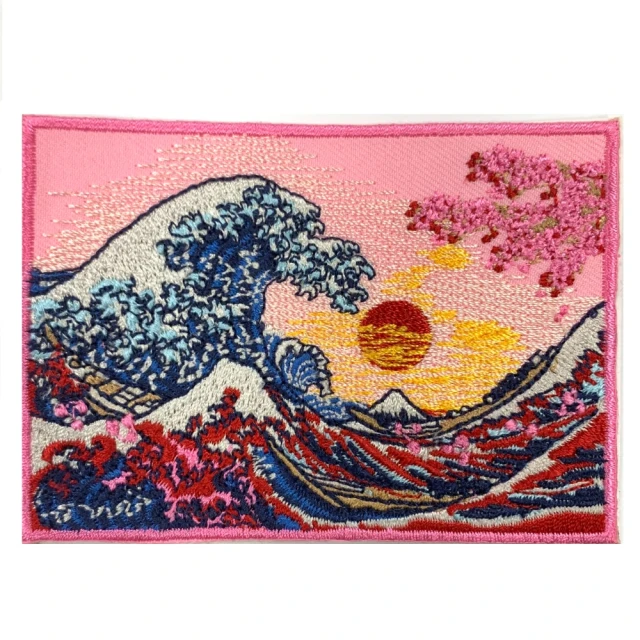 神奈川沖浪裏 粉紅櫻花 日本浮世繪 PATCH 刺繡背膠補丁 袖標 布標 布貼 補丁 貼布繡 臂章