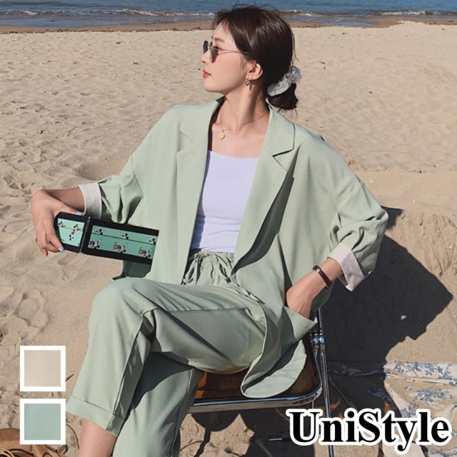 【UniStyle】2件組 時尚撞色西裝外套直筒褲休閒式套組 女 ZM152-905(綠/米色)