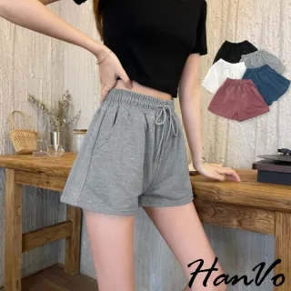 【HanVo】休閒高腰寬鬆運動短褲(簡約時尚運動健身瑜珈跑步居家韓版睡褲 韓系女裝 女生衣著 2025)